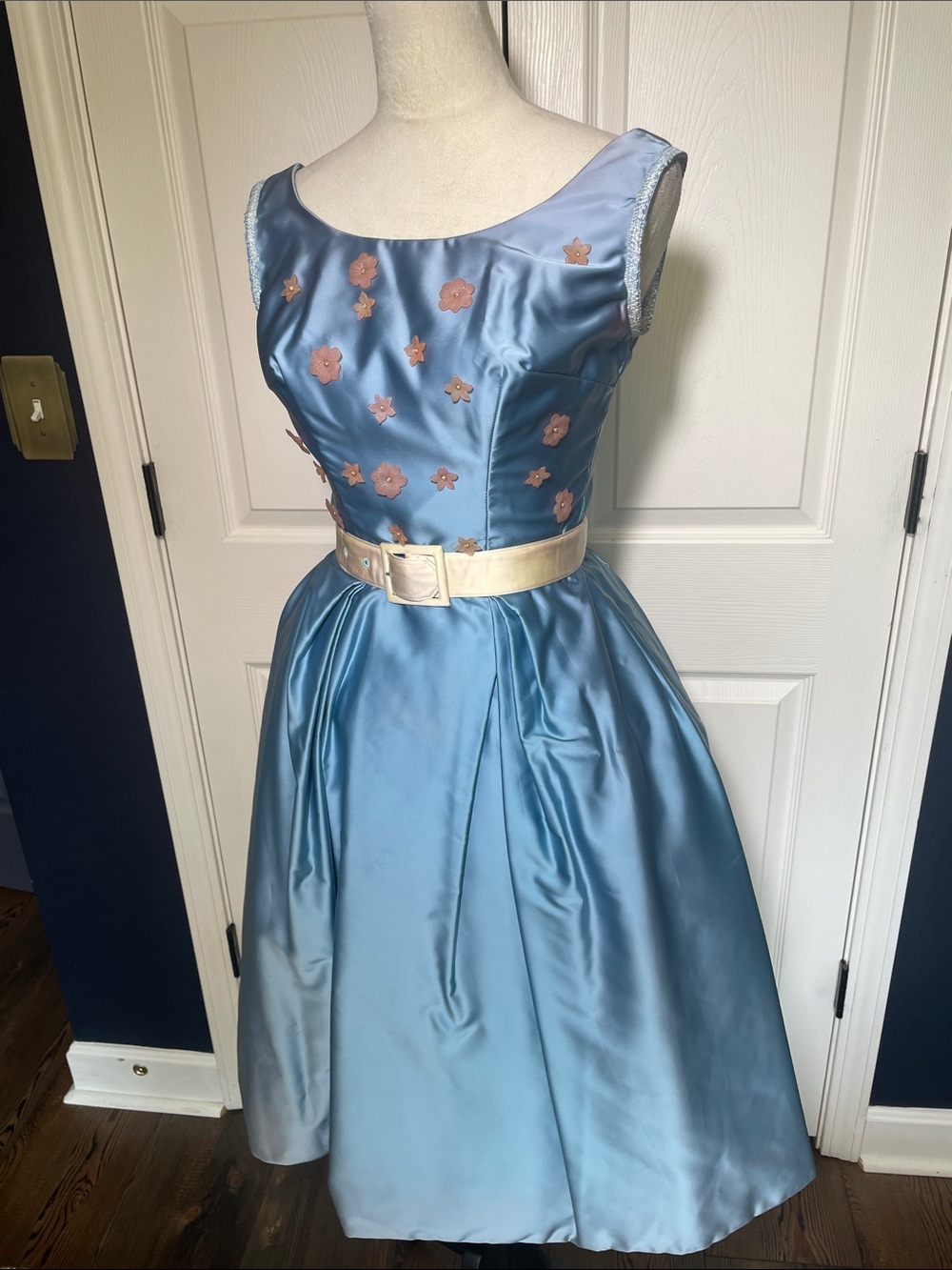 Vintage 1960s Emma Domb Blue Satin Fit & Flare Dress with Floral Appliqué Sz  XS